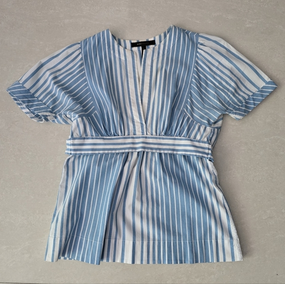 BCBGMaxAzria Plunge V-Neck Striped Blouse with Tie - Blue and White - Size XS - Picture 1 of 5